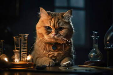 A ginger cat scientist sitting behind a laboratory table with test tubes and flasks. Created with Generative AI.