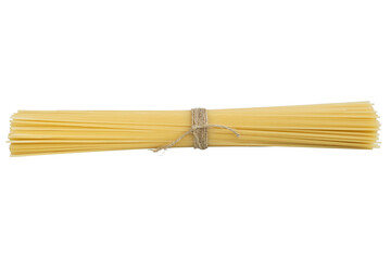 Dry spaghetti pasta tied with a rope on PNG transparent background.