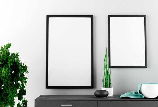 Minimalism  interior with black mockup photo frames , black shelf and home accessories. 3D render