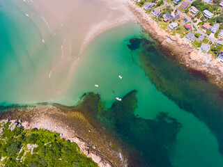 Good Harbor Beach and Salt Island aerial view in summer in Gloucester, Cape Ann, Massachusetts MA,...