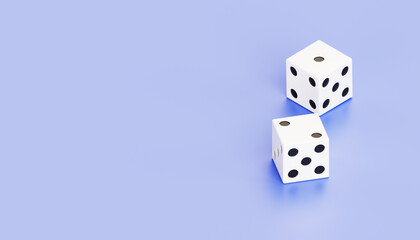 The concept of a game of chance in a composition template. set of white cubes one two. On a sky blue pastel background. cartoon minimal. 3d render illustration