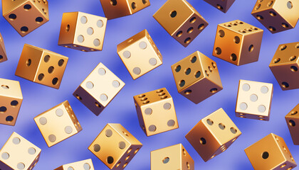 Set of golden dice with black dots on a blue background. 3D rendered illustration.