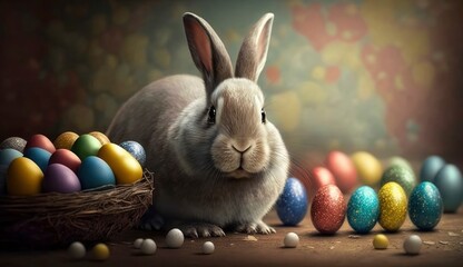 Fototapeta na wymiar Happy Easter Bunny with many colorful easter eggs. Generative AI.