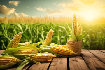 Corn Tree in the row in the corn farm, generative AI