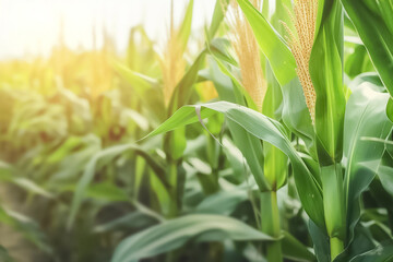 Fototapeta na wymiar Corn Tree in the row in the corn farm, generative AI