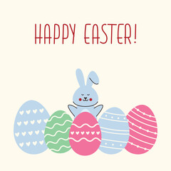 Happy Easter! Cute card with a bunny and Easter eggs. Vector modern design with cartoon illustration