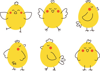 Set of yellow abstract chicks with red cheeks. Chicken in different poses