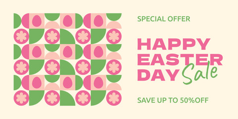 Happy Easter day sale. Banner, poster, flyer template with a Bauhaus style pattern. Up to 50% off