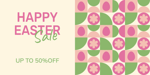 Happy Easter Sale template. 50% off. Colorful creative design with geometric pattern and Easter eggs. Large typography
