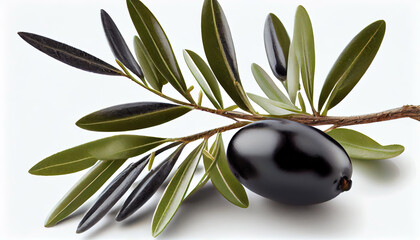 Obraz na płótnie Canvas Olive branch with one delicious black olives, isolated on white background with Generative AI Technology