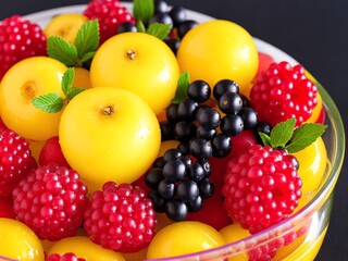 Bowl of fruit balls against a yellow background created with Generative AI.