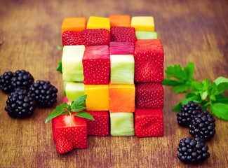 Vibrant mixed fruit cube concept art created with Generative AI.