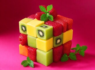 Vibrant mixed fruit cube against pink background concept art created with Generative AI.