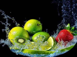 Fototapeta na wymiar Colorful mixed fruit splash art created with Generative AI.