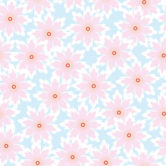 Vector seamless pattern with Japanese cherry blossom flowers in blue background in cartoon style. Digital seamless floral print for textile, fabric