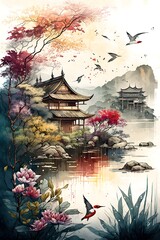Mountain and lake landscape Chinese background. in traditional oriental, minimalistic Japanese style. AI generated 