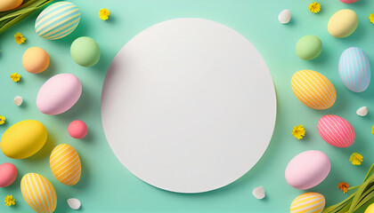 Top view, Easter greeting template, colorful holiday eggs, mockup, gift, space for text, AI generated