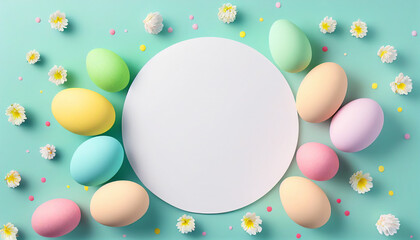 Top view, Easter greeting template, colorful holiday eggs and spring flowers, mockup, gift, space for text, AI generated