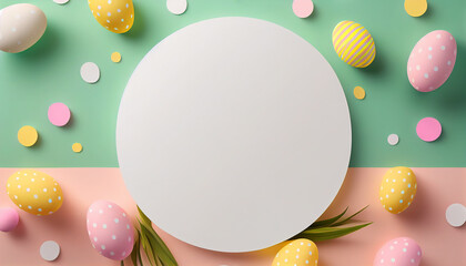 Top view, Easter greeting template, colorful holiday eggs, mockup, gift, space for text, AI generated