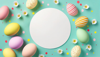 Top view, Easter greeting template, colorful holiday eggs, spring flowers, AI generated 
