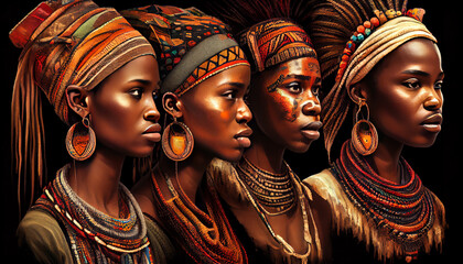 african young girls group, traditional costumes, hair, faces