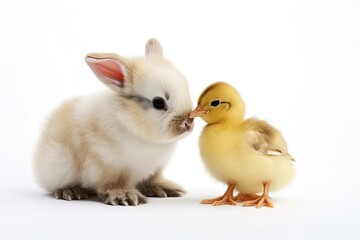 A baby chick with a baby bunny