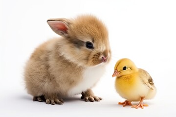 Fototapeta premium A baby chick with a baby bunny