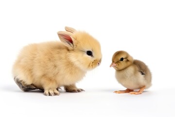 A baby chick with a baby bunny