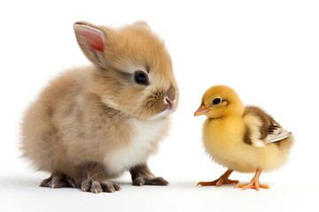 A baby chick with a baby bunny