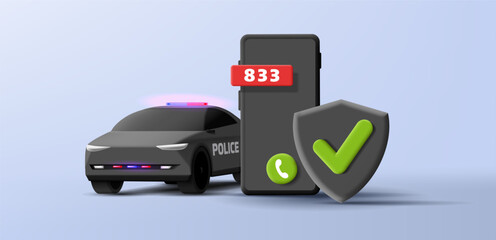 Police car SUV 3d render vector with shield andsmartphone with call icon, security protection banner