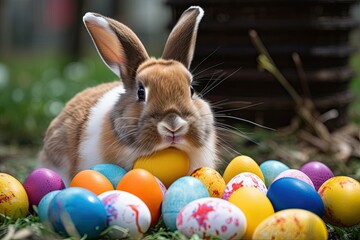 Fototapeta na wymiar A bunny rabbit with Easter eggs