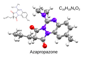 Chemical formula, structural formula and 3D ball-and-stick model of azapropazone, a nonsteroidal anti-inflammatory drug
