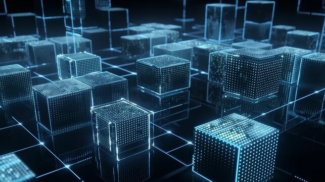 Futuristic blockchain and information technology concept. Interconnected blocks of data depicting a cryptocurrency blockchain. Transferring big data showing data flow (ai generated)