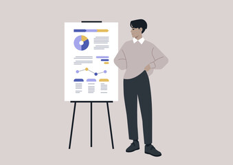 A young male Asian character presents a research report printed on a flip chart, highlighting the data analysis and optimization