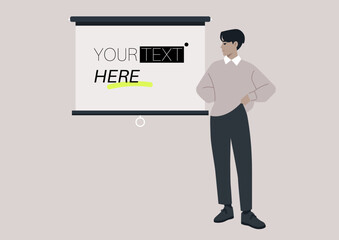 A young male Asian character pointing at a video projector screen, copy space, your text here