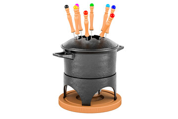 Fondue set. Cast Iron Fondue Pot with Forks, 3D rendering
