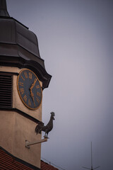 Town hall tower with a clock and a rooster weather vane