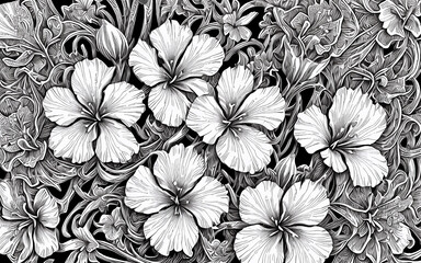 Black and white decorative pattern with flowers and leaves in engraving style. Generative AI