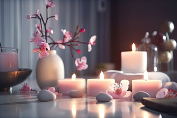 Pink candles with pink flowers and zen stones on a table.  Beauty spa treatment and relax concept. Ai generative