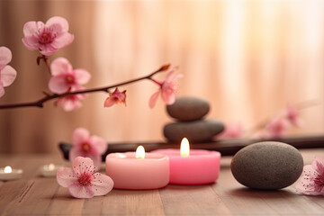Obraz na płótnie Canvas Pink candles with pink flowers and zen stones on wooden table. Beauty spa treatment and relax concept. Ai generative