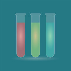 Set of test tubes with colorful liquid. Glassmorphism style vector illustration.