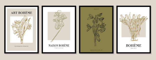 Vector illustration set of botanical printable posters. Art for postcards, wall art, banner, background