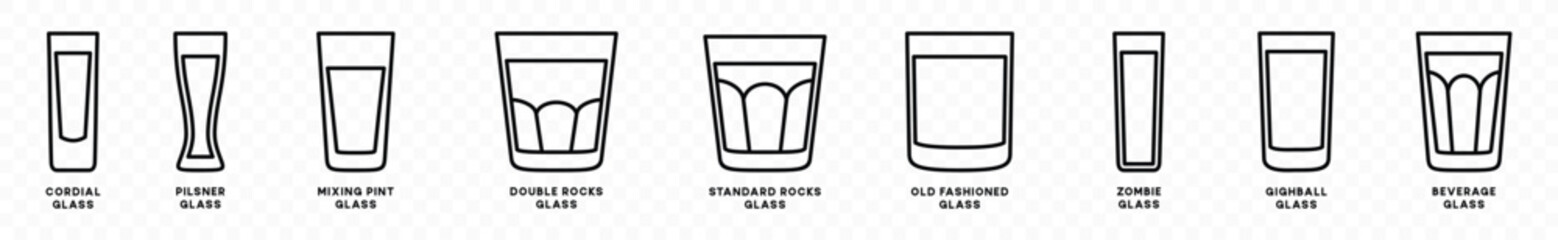 Water glasses icons vector set. Drink glass icon types with editable stroke. Mineral water glasses sign and symbol in line style. Vector illustration