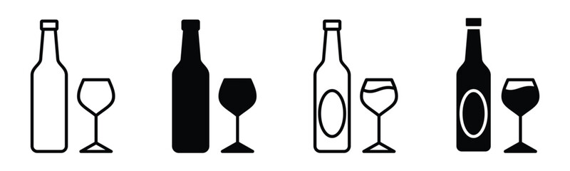 Glasses and bottle icons vector set. Wine glass bottle icon symbol in line and flat style. Alcohol Liquor, beverages, bar, beer. Vector illustration