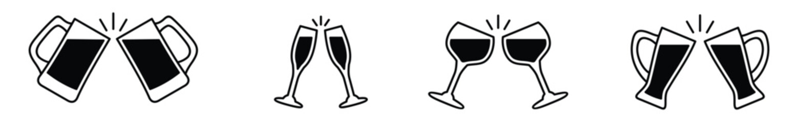 Cheers mugs, beer, champagne, wine icons vector set. Clang two glasses or toast sign and symbol. Vector illustration