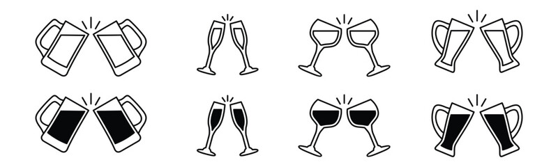 Cheers mugs, beer, champagne, wine icons vector set. Clang two glasses or toast sign and symbol in line ad flat style. Vector illustration
