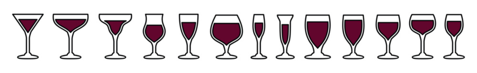 Drink glasses icons vector set. Alcohol glass types with editable stroke. Alcoholic cocktail glass icon sign and symbol in line and flat style. Liquor, beverages, bar, beer. Vector illustration