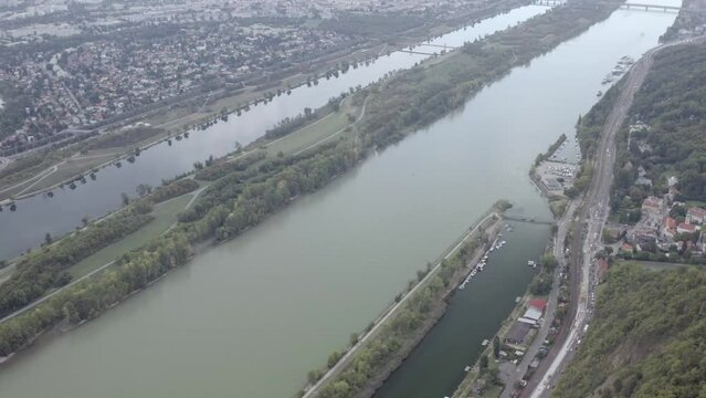 Beautiful landscape of a river and residential area in the city of Vienna, Austria