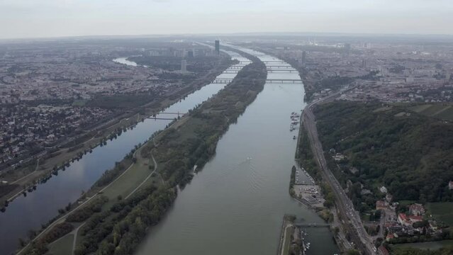 Beautiful landscape of a river and residential area in the city of Vienna, Austria