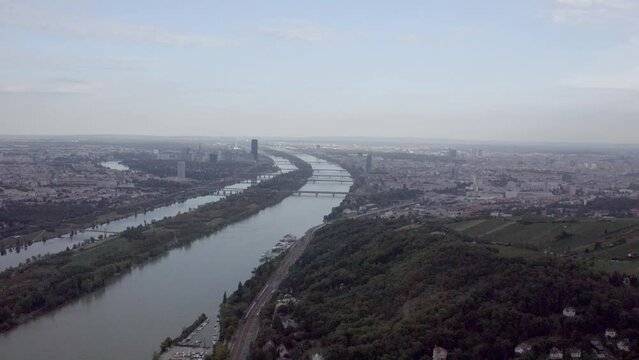 Beautiful landscape of a river and residential area in the city of Vienna, Austria